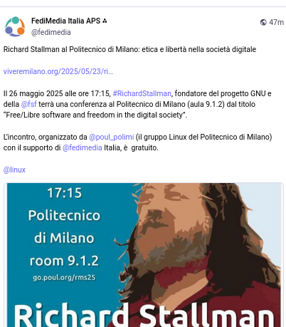 Richard Stallman al Politecnico di Milano: etica e libertà nella società digitale