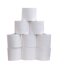 Pile of white toilet rolls isolated on a white background