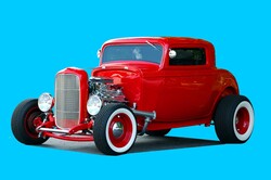 Customized red hot rod car at show