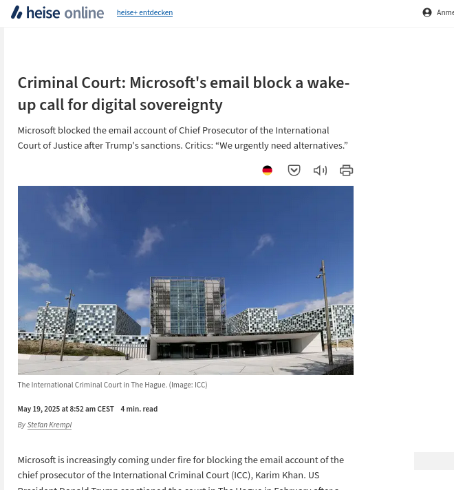 Criminal Court: Microsoft's email block a wake-up call for digital sovereignty
