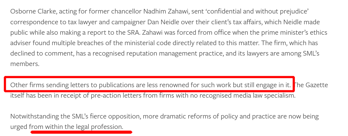 Osborne Clarke, acting for former chancellor Nadhim Zahawi, sent ‘confidential and without prejudice’ correspondence to tax lawyer and campaigner Dan Neidle over their client’s tax affairs, which Neidle made public while also making a report to the SRA. Zahawi was forced from office when the prime minister’s ethics adviser found multiple breaches of the ministerial code directly related to this matter. The firm, which has declined to comment, has a recognised reputation management practice, and its lawyers are among SML’s members.