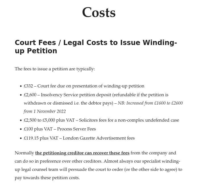Legal Costs to Issue Winding-up Petition