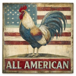 Wood-textured illustration of a patriot Rooster with text ALL AMERICAN