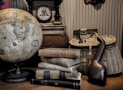 Vintage background of a desk and books, masculine theme