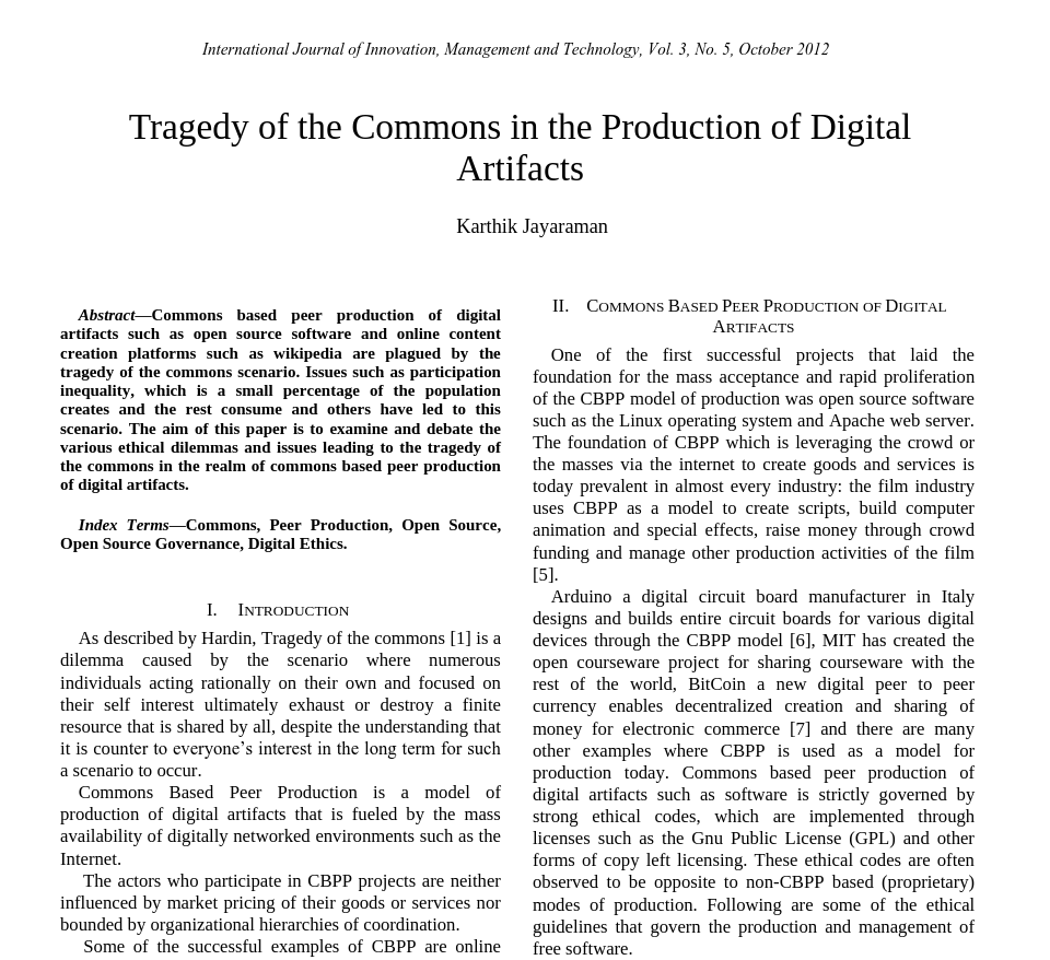 Tragedy of the Commons in the Production of Digital Artifacts