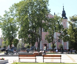 Fountain in front of the church. Janow Podlaski, Poland. Lublin province. Poland. August 2023