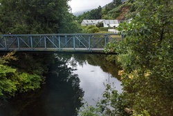 Bridge in lush green landscape over still reflective waters in Northern Ireland
