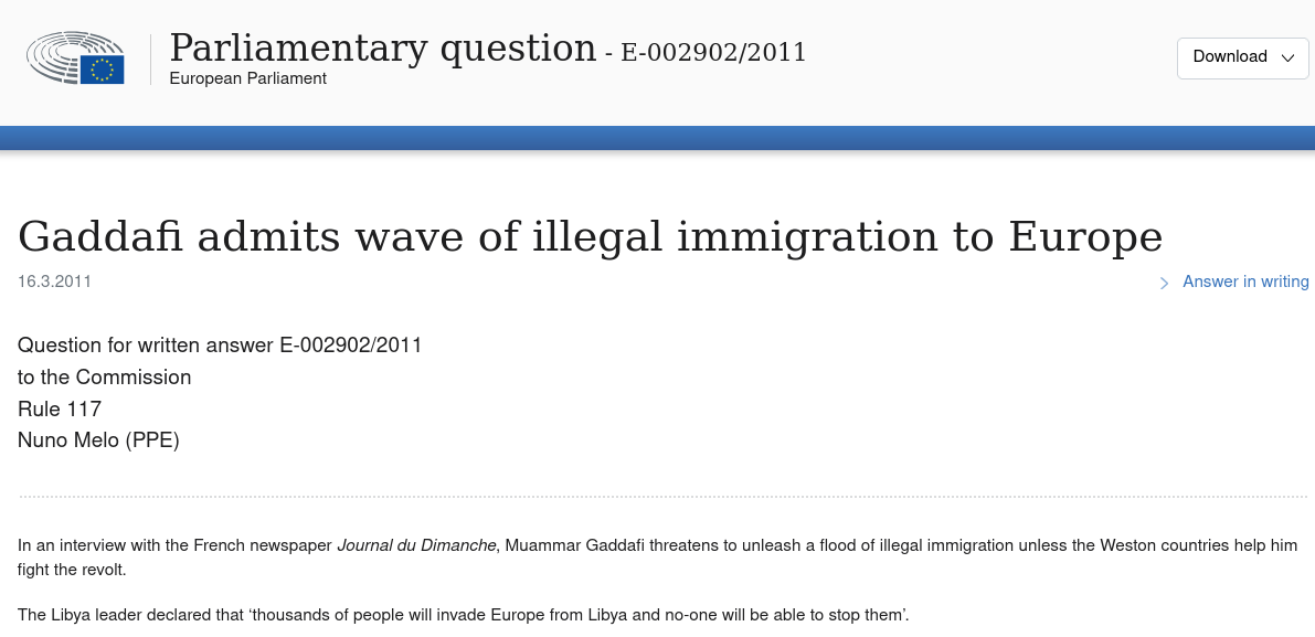 Gaddafi admits wave of illegal immigration to Europe