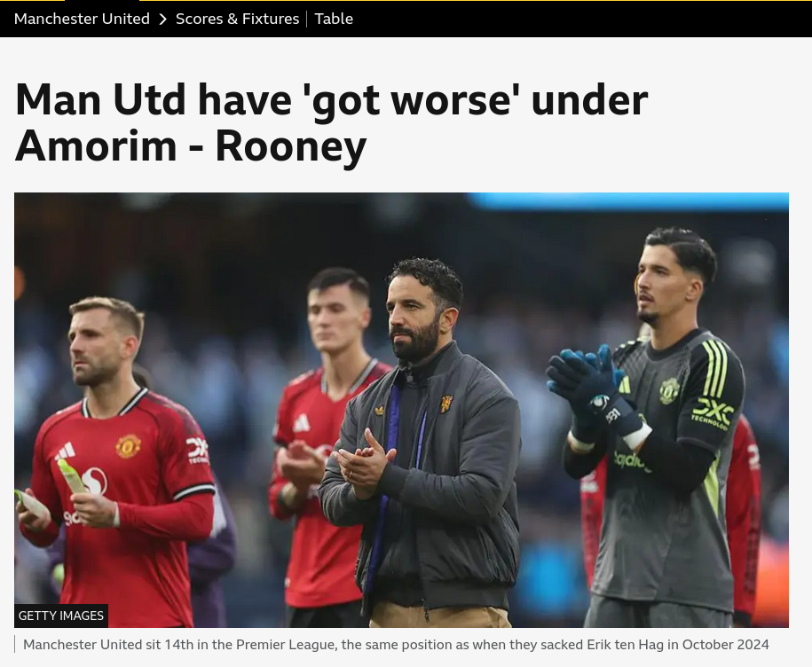 Man Utd have 'got worse' under Amorim - Rooney