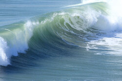Breaking wave with a nice curl, probably 4-5 feet high, on the north side of Huntington Beach Pier