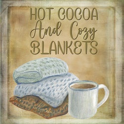 Grunge vintage style background with watercolor illustrations of a pile of blankets and a mug of hot chocolate