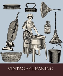 Vintage spring cleaning and housework accessories background