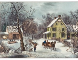 A remarkable Currier and Ives print of a winter scene that includes a house, barn, horse and sleigh, people, and farm animals