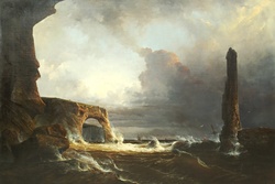 A stunning oil painting of a rocky cliff with a cave and a tall narrow rock formation beside the sea as a storm approaches