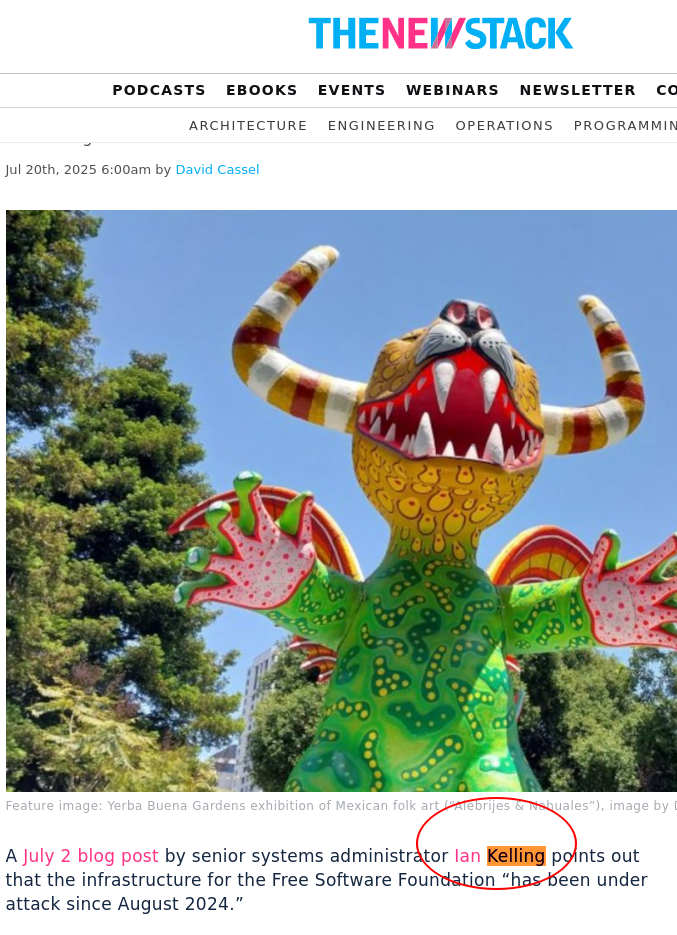 A July 2 blog post by senior systems administrator Ian Kelling points out that the infrastructure for the Free Software Foundation