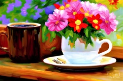 Impressionist painting soft brush strokes of coffee and cup of flowers