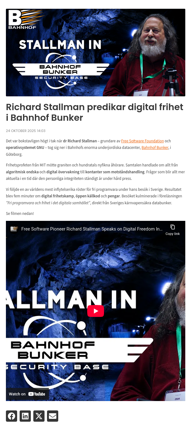 Richard Stallman predikar digital frihet i Bahnhof Bunker