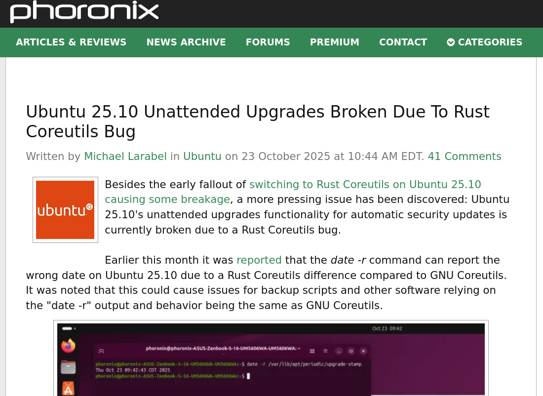 Ubuntu 25.10 Unattended Upgrades Broken Due To Rust Coreutils Bug