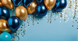 Abstract background with golden and blue metallic balloons. Festive banner for birthday party, anniversary or other events.