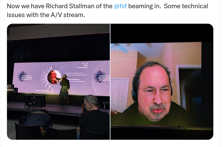 Now we have Richard Stallman of the @fsf beaming in. Some technical issues...