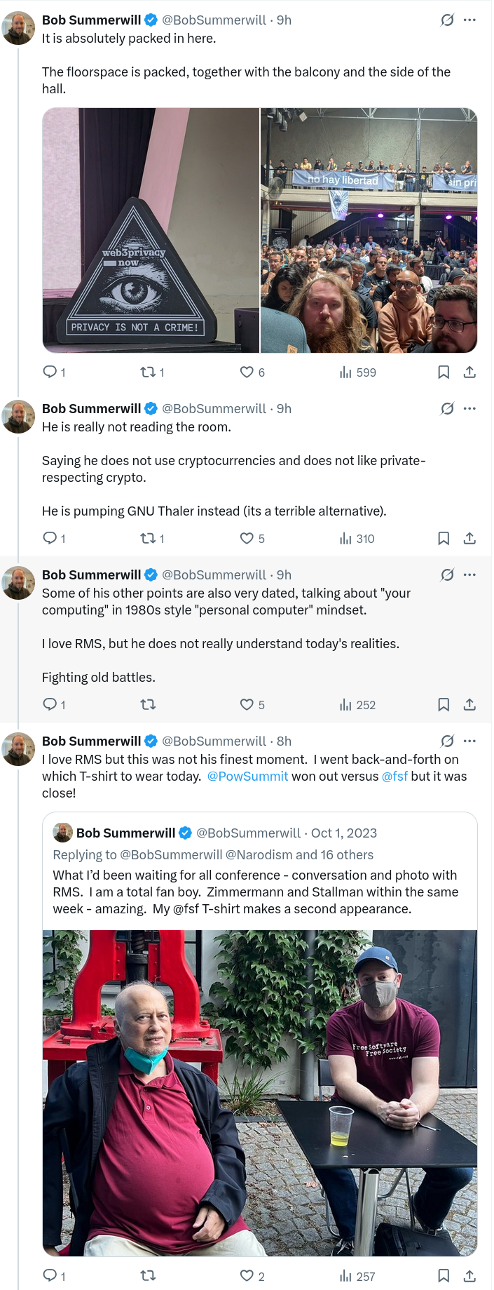 What I’d been waiting for all conference - conversation and photo with RMS. I am a total fan boy. Zimmermann and Stallman within the same week - amazing. My @fsf T-shirt makes a second appearance.