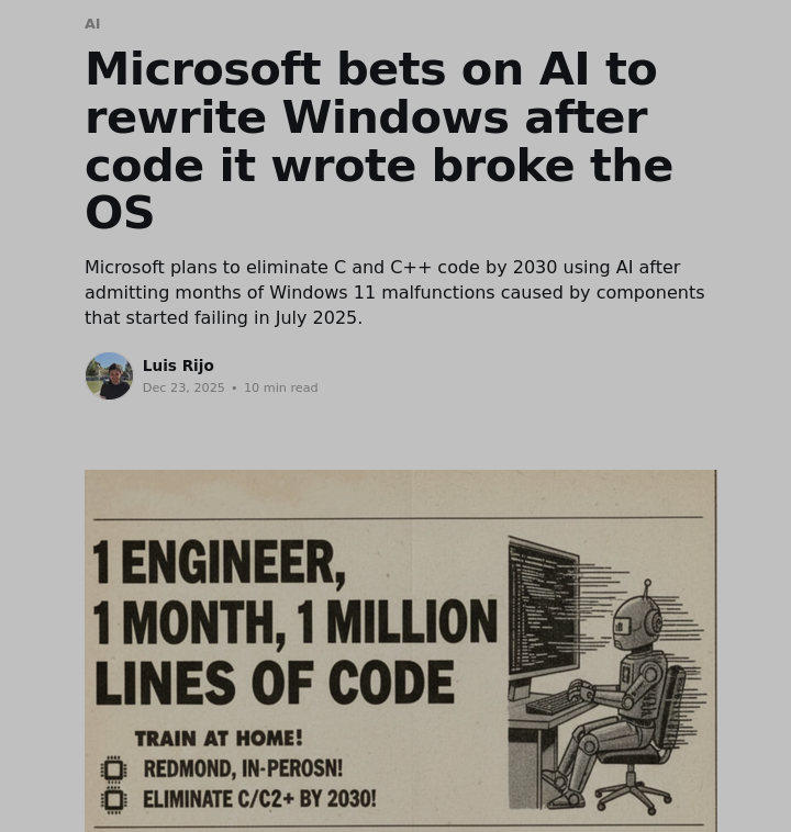 Microsoft bets on AI to rewrite Windows after code it wrote broke the OS