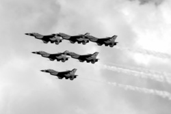 Air Force Thunder Birds doing a fly over at Orlando, Florida, USA Black and White image
