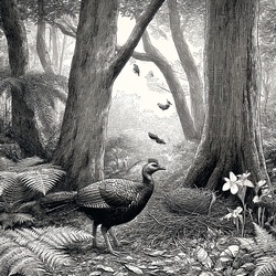 Australian brush turkey foraging through a detailed black and white illustration of a dense forest floor with ferns and fallen leaves, depicting wildlife and nature