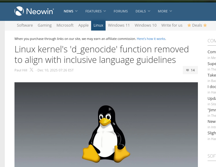 Linux kernel's 'd_genocide' function removed to align with inclusive language guidelines