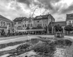Photograph of the dancing fountain and street life on TrenÄÃ­n, Slovakia