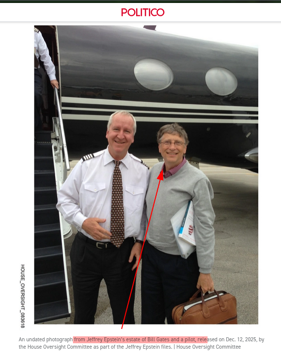 An undated photograph from Jeffrey Epstein’s estate of Bill Gates and a pilot, released on Dec. 12, 2025, by the House Oversight Committee as part of the Jeffrey Epstein files. | House Oversight Committee
