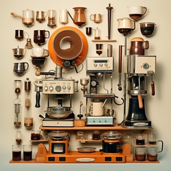 An illustration of a collection of all types of cups coffee making items