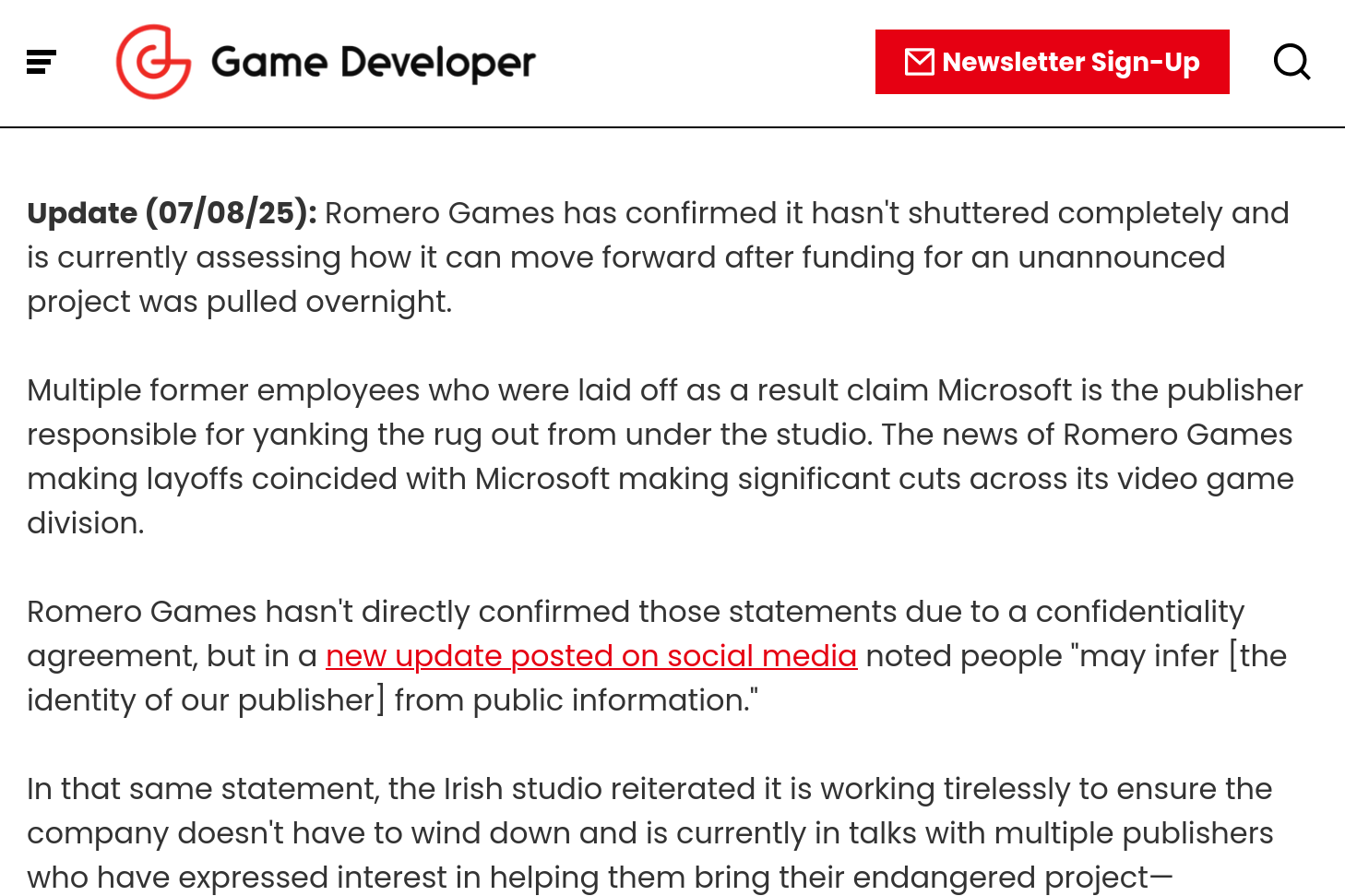 Update: Romero Games in talks with new publishers after Microsoft reportedly cancels project funding