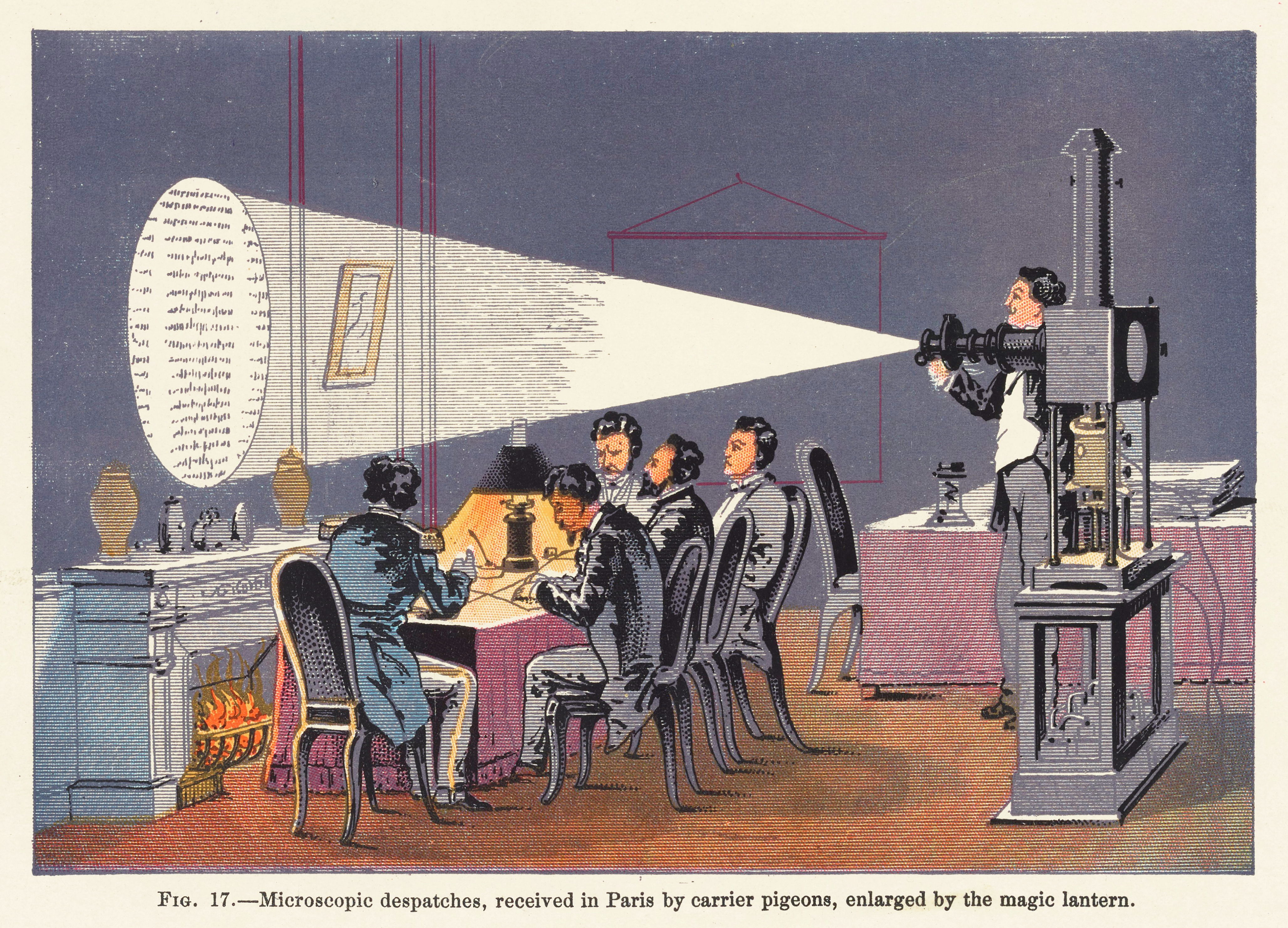 Microscopic dispatches, received in Paris by carrier pigeons, enlarged by the magic lantern