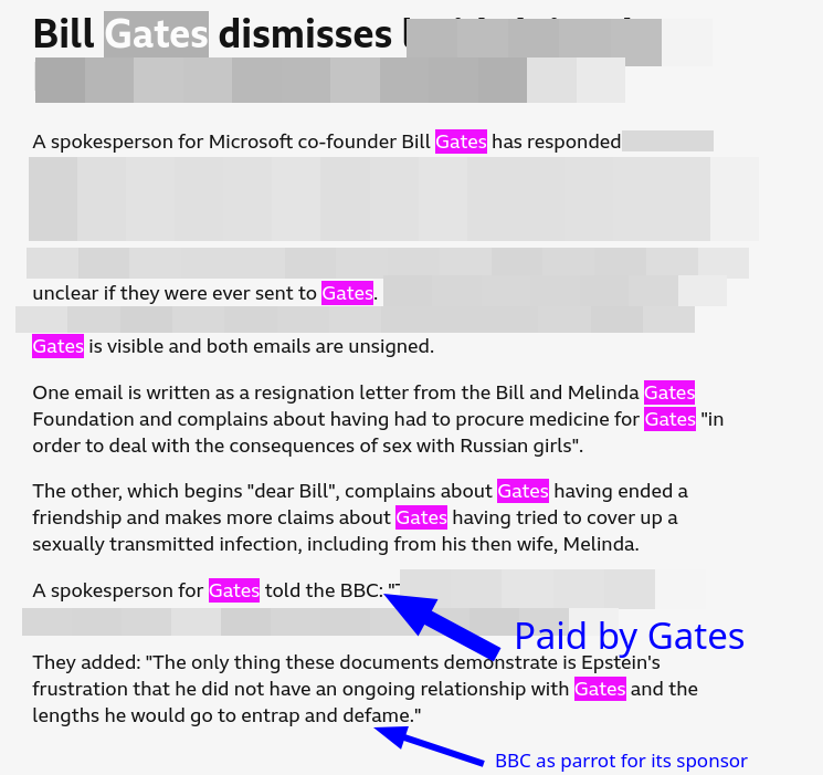 Bill Gates dismisses lurid claims by Epstein as 'absurd and false'; Paid by Gates; BBC as parrot for its sponsor