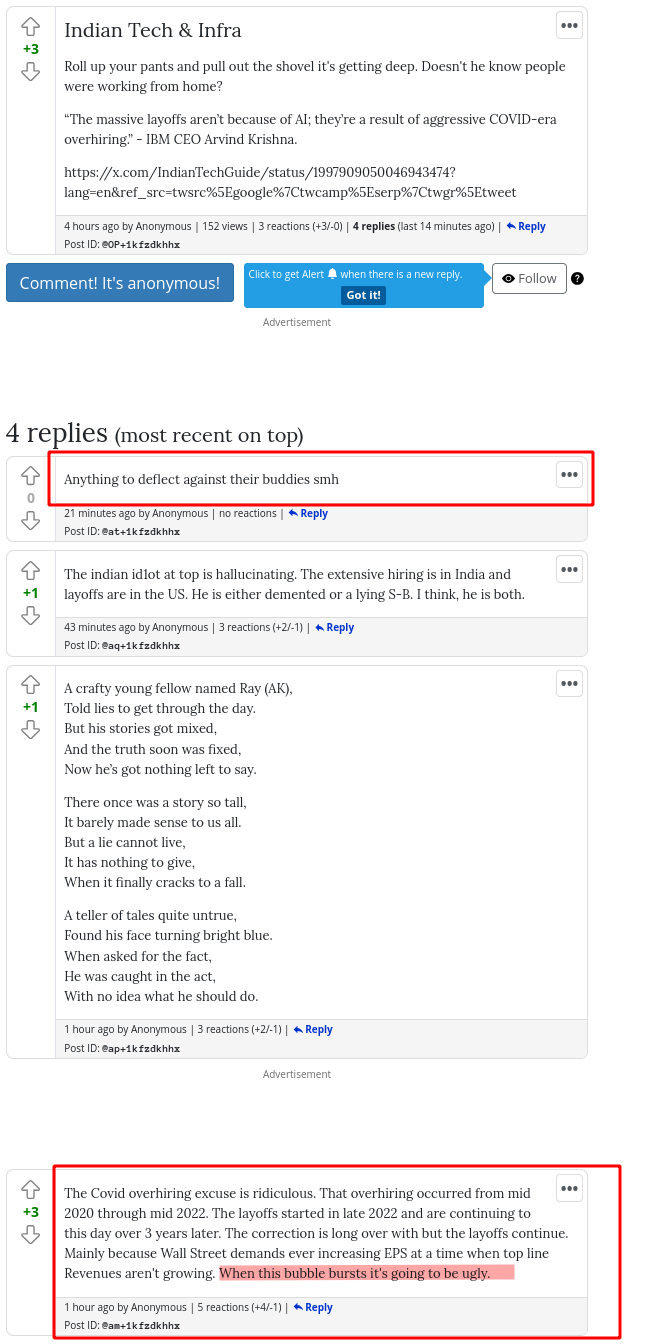 The Covid overhiring excuse is ridiculous. That overhiring occurred from mid 2020 through mid 2022. The layoffs started in late 2022 and are continuing to this day over 3 years later. The correction is long over with but the layoffs continue. Mainly because Wall Street demands ever increasing EPS at a time when top line Revenues aren't growing. When this bubble bursts it's going to be ugly.