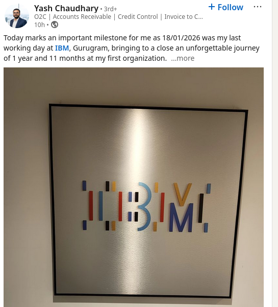 Today marks an important milestone for me as ... was my last working day at IBM, Gurugram, bringing to a close an unforgettable journey of 1 year and 11 months at my first organization