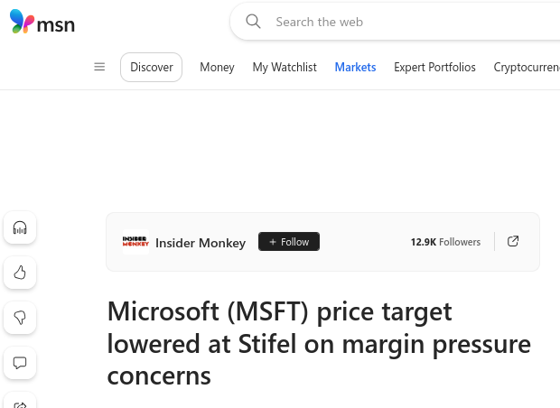 Microsoft (MSFT) price target lowered at Stifel on margin pressure concerns
