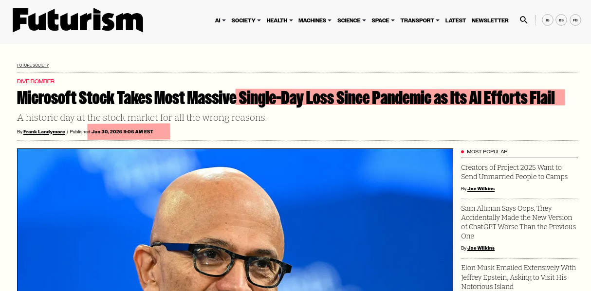 Microsoft Stock Takes Most Massive Single-Day Loss Since Pandemic as Its AI Efforts Flail