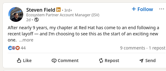 After nearly 9 years, my chapter at Red Hat has come to an end following a recent layoff — and I’m choosing to see this as the start of an exciting new one.