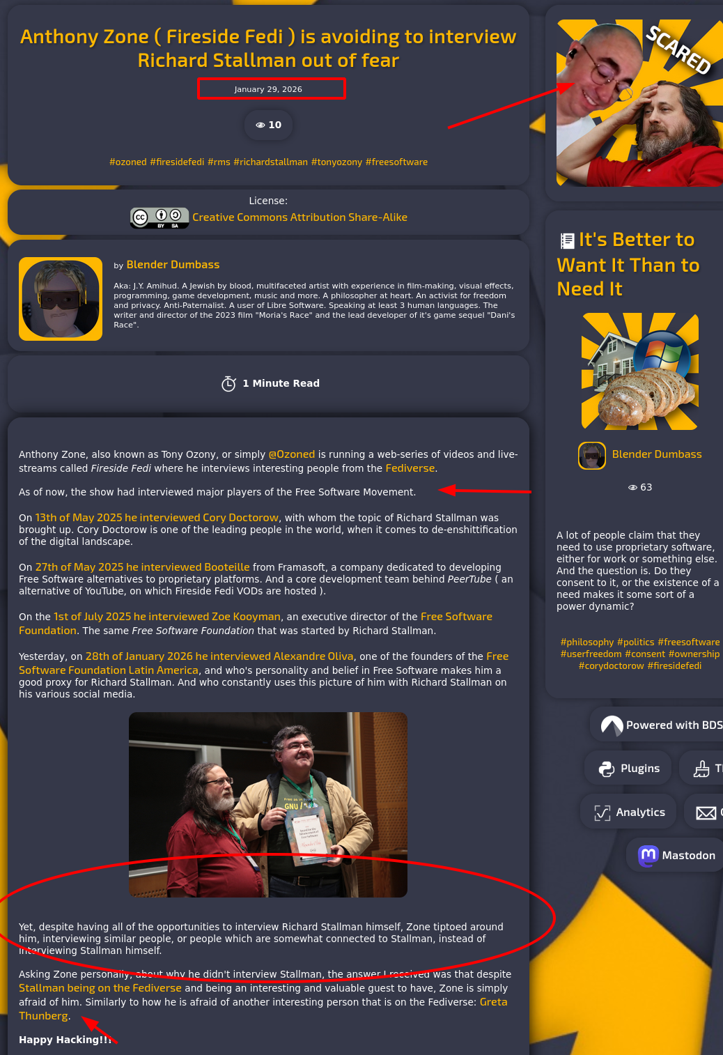 Anthony Zone ( Fireside Fedi ) is avoiding to interview Richard Stallman out of fear