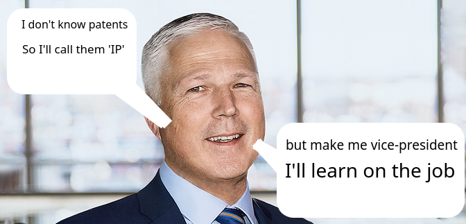 Stephen Rowan: I don't know patents. So I'll call them 'IP'; but make me vice-president, I'll learn on the job