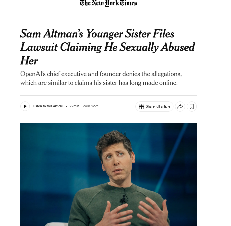 Sam Altman’s Younger Sister Files Lawsuit Claiming He Sexually Abused Her