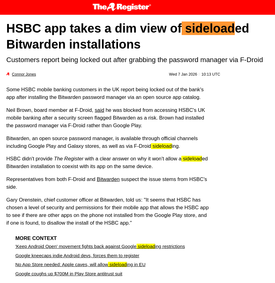 HSBC app takes a dim view of sideloaded Bitwarden installations