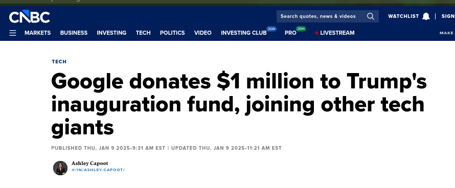 Google donates $1 million to Trump’s inauguration fund, joining other tech giants