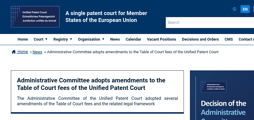  Administrative Committee adopts amendments to the Table of Court fees of the Unified Patent Court