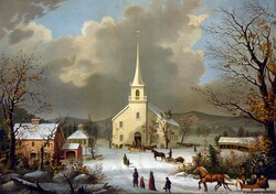 Public domain vintage painting of a winter scene in olden times