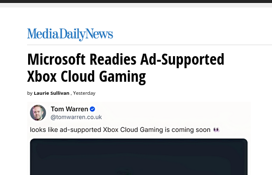Microsoft Readies Ad-Supported Xbox Cloud Gaming