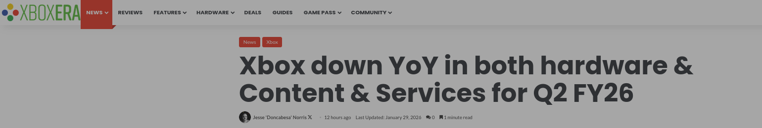 Xbox down YoY in both hardware and Content and Services for Q2 FY26