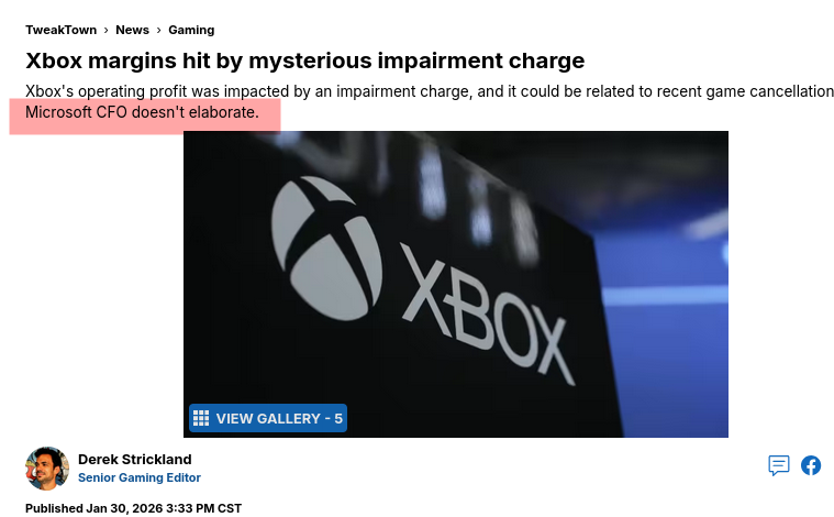 Xbox's operating profit was impacted by an impairment charge, and it could be related to recent game cancellations, but Microsoft CFO doesn't elaborate.